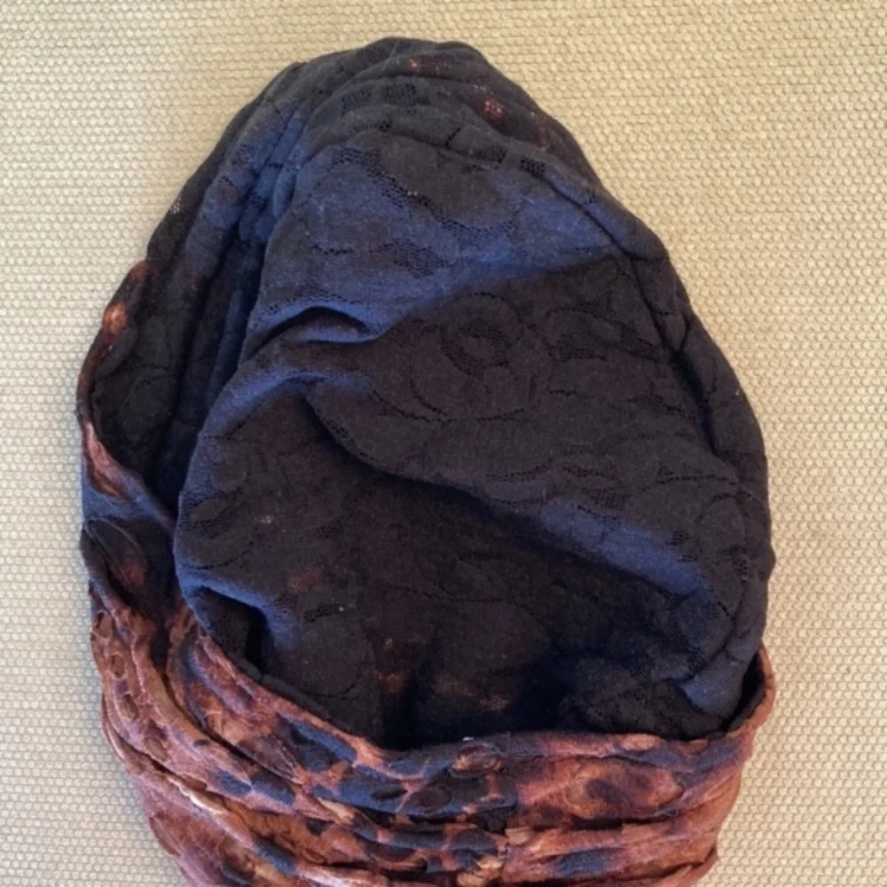 Jax Hatz packable fabric hat, lined with black stretch lace, fits 21” head